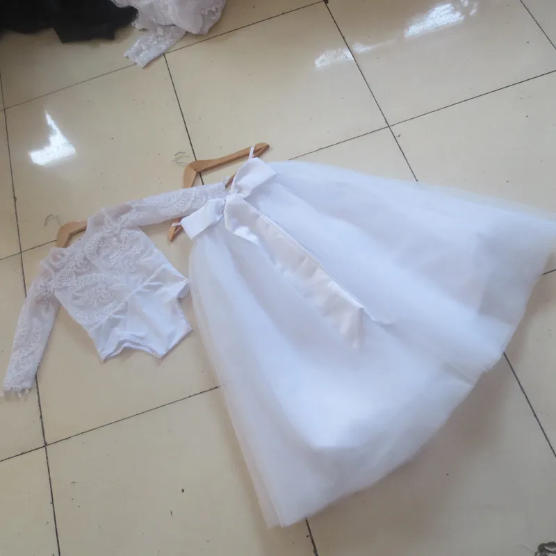 С длинным Рукавом Девушки Цветка Тюль Платья 2 из двух Частей платье де noiva Pageant