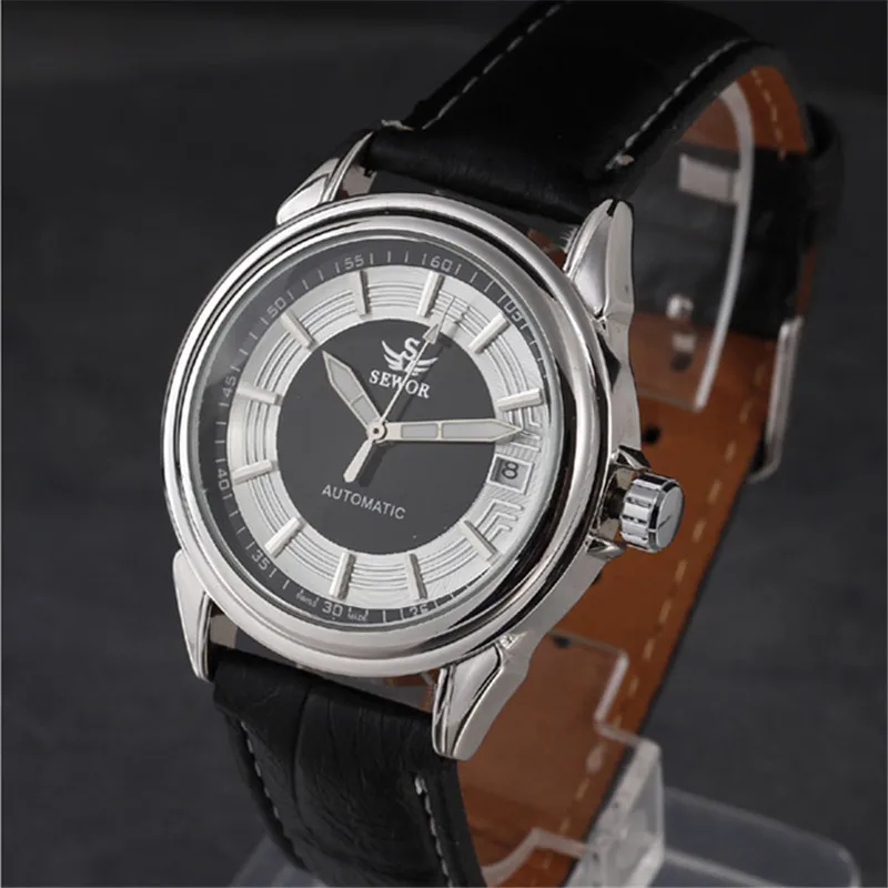 Мужские наручные часы Sewor Классические Автоматические механические с кожаным