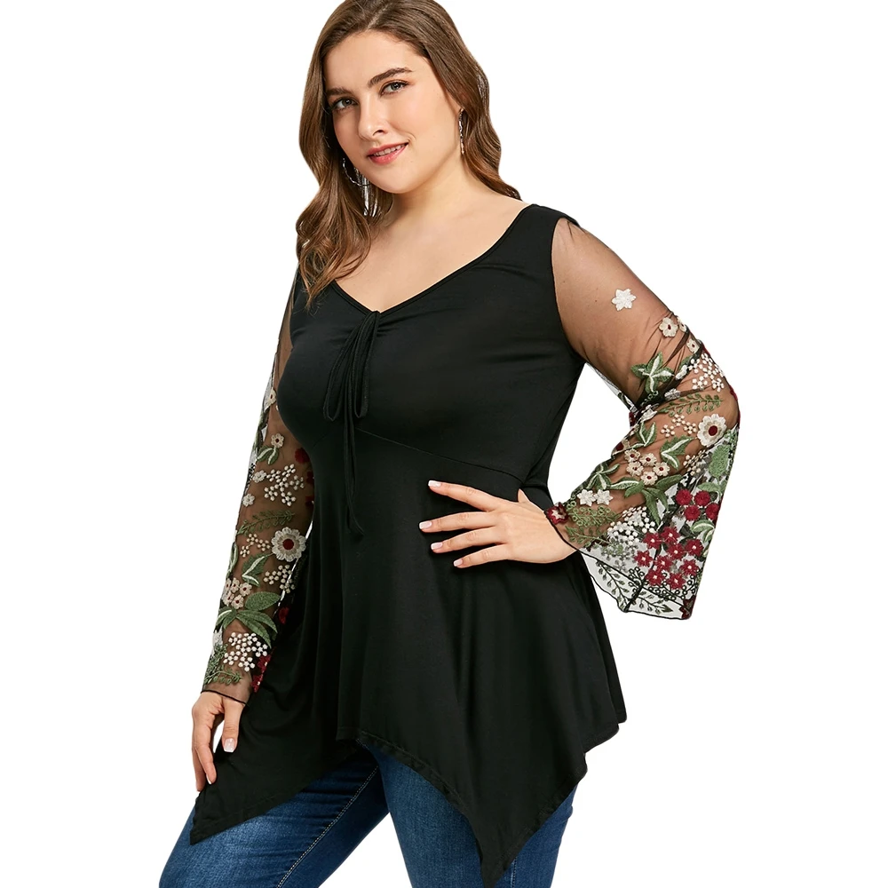 Для женщин 5XL плюс Размеры цветочный сетки Туника Футболка полный v-образным