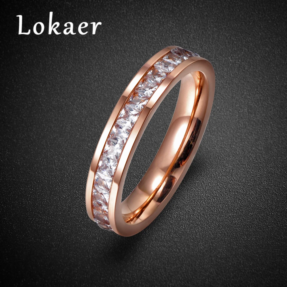 Lokaer, простая мозаика, прозрачный кубический цирконий, розовое золото, титановая сталь, обручальные кольца для женщин, Подарок на годовщину, Anillos R17052