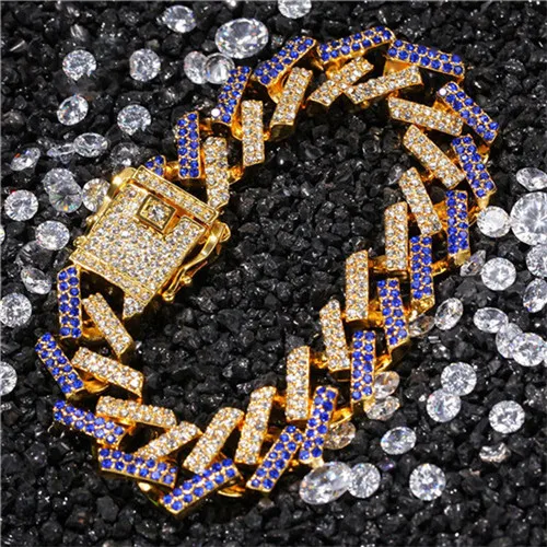 Gold and Blue Полная AAA 20 см кубинская цепь Bling Iced Out Циркон Стразы проложили Стразы мужские браслеты для мужчин хип-хоп ювелирные изделия - Окраска металла: Gold and Blue