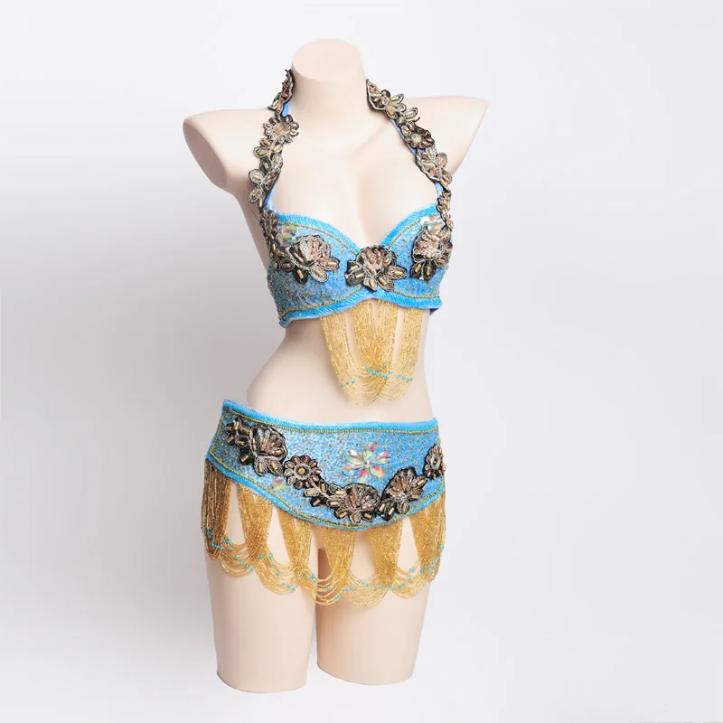 Light blue Лидер продаж, Женский комплект для танца живота, костюм, одежда для танца живота, сексуальный ночной танец, танец живота, карнавальные топы, цепочка, бюстгальтер, пояс, 181080 - Цвет: Light blue