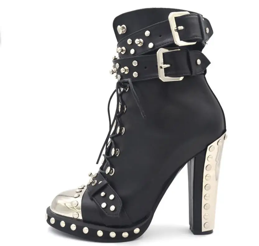

Fashion Studded Ankle Boots For Women Lace up Buckle Chunky Platform High Heels Leather Runway Metal Round Toe Women Booties