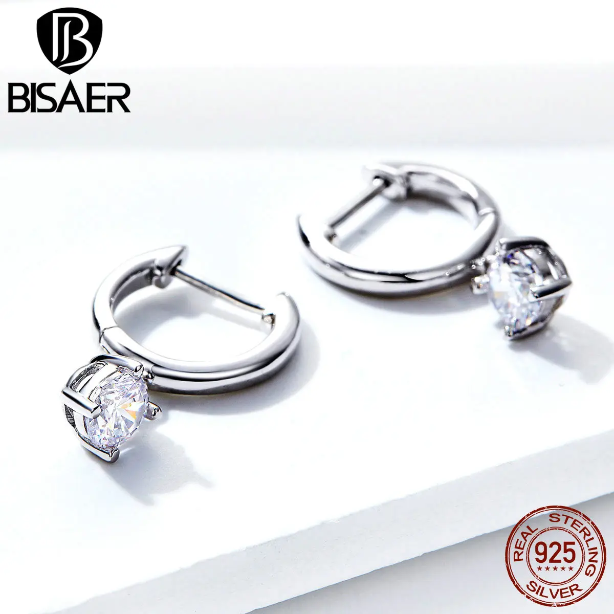 BISAER, подлинные, 925 пробы, серебряные, простые, квадратные, циркон, висячие серьги, для женщин, прозрачный кубический циркон, серьги, ювелирное изделие, ECE553