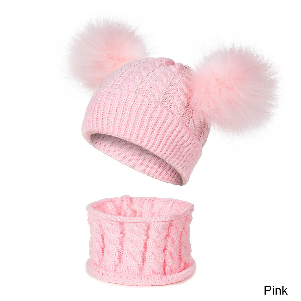 pink New Arrival Children Winter Thicken Braided Knitted Hat Scarf Set Solid Color Cute Fluffy Pompom Ball Beanies Scarf Set - Цвет: pink