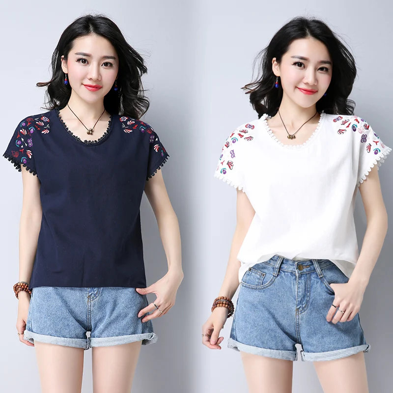 new summer women blouse shirt fashion casual o-neck female ladies tops floral embroidery solid women's clothing 0284 40