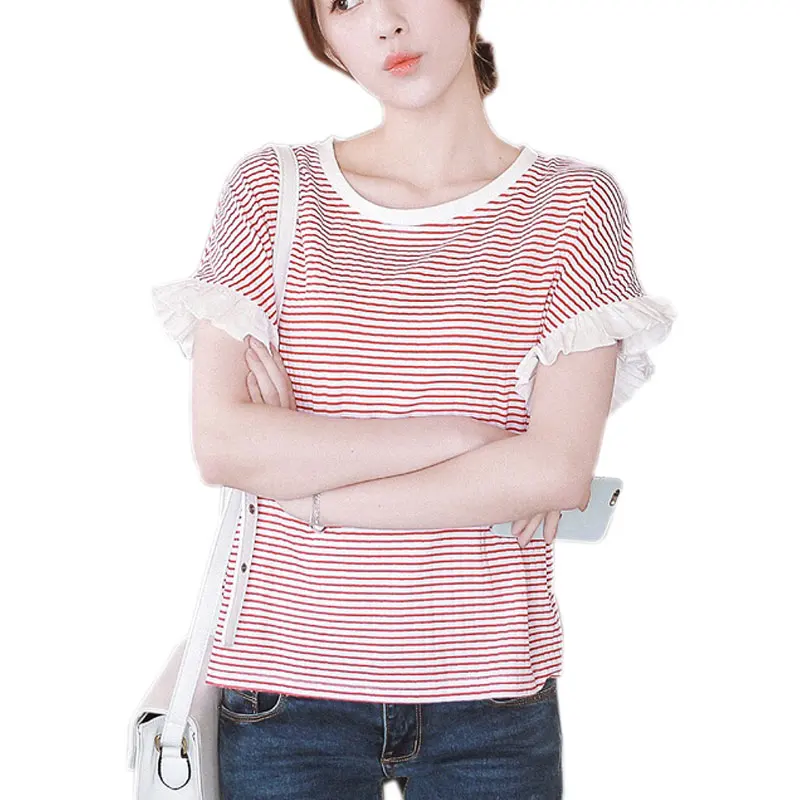 

Женская хлопковая футболка в полоску, с рукавом из шифона, свободного покроя