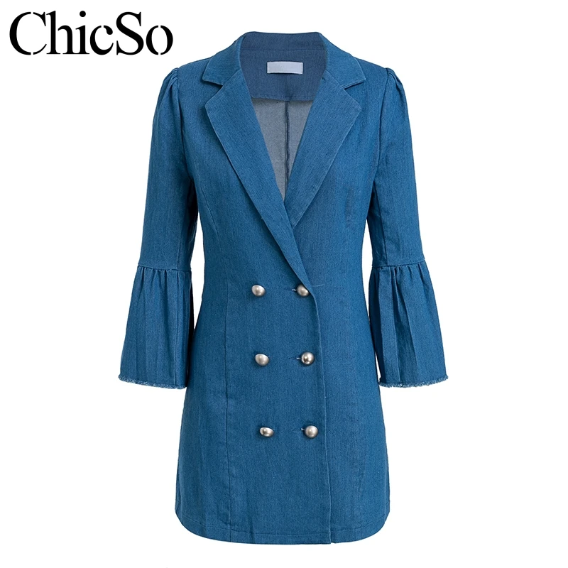 Denim blue MissyChilli двубортный Джинсовый блейзер Платье женское с расклешенными рукавами элегантное платье Блейзер Синий с v-образным вырезом сексуальный Повседневный Блейзер femme пальто - Цвет: Denim blue