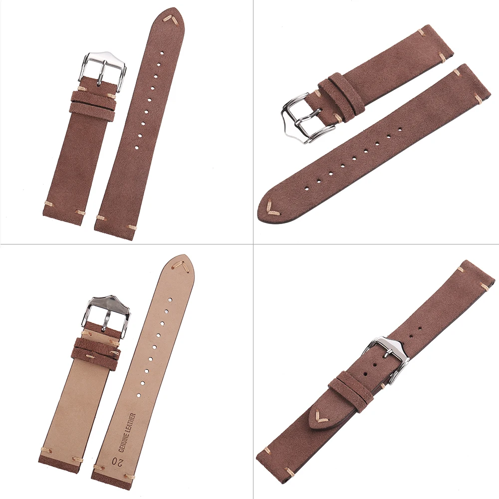 BEAFIRY Genuine Leather Watch Band 18mm 19mm 20mm 22mm Dark brown Dark blue Light brown Grey Suede  Leather Watch straps
