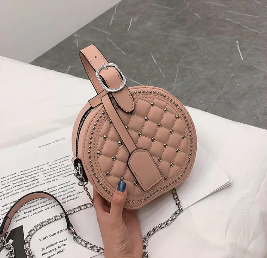 pink Женские сумки, Круглый клатч, сумка на плечо, дамские ручные сумки, роскошные кожаные сумки с заклепками, женские сумки, розовые сумки на цепочке - Цвет: pink
