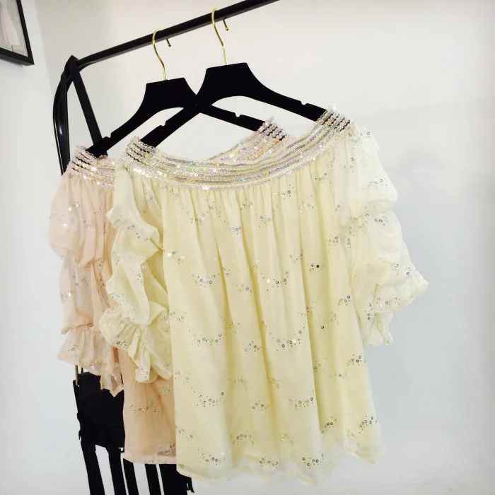 new embroidery sequins word han edition loose fairy dew shoulder chiffon unlined upper garment lantern sleeve blouse |