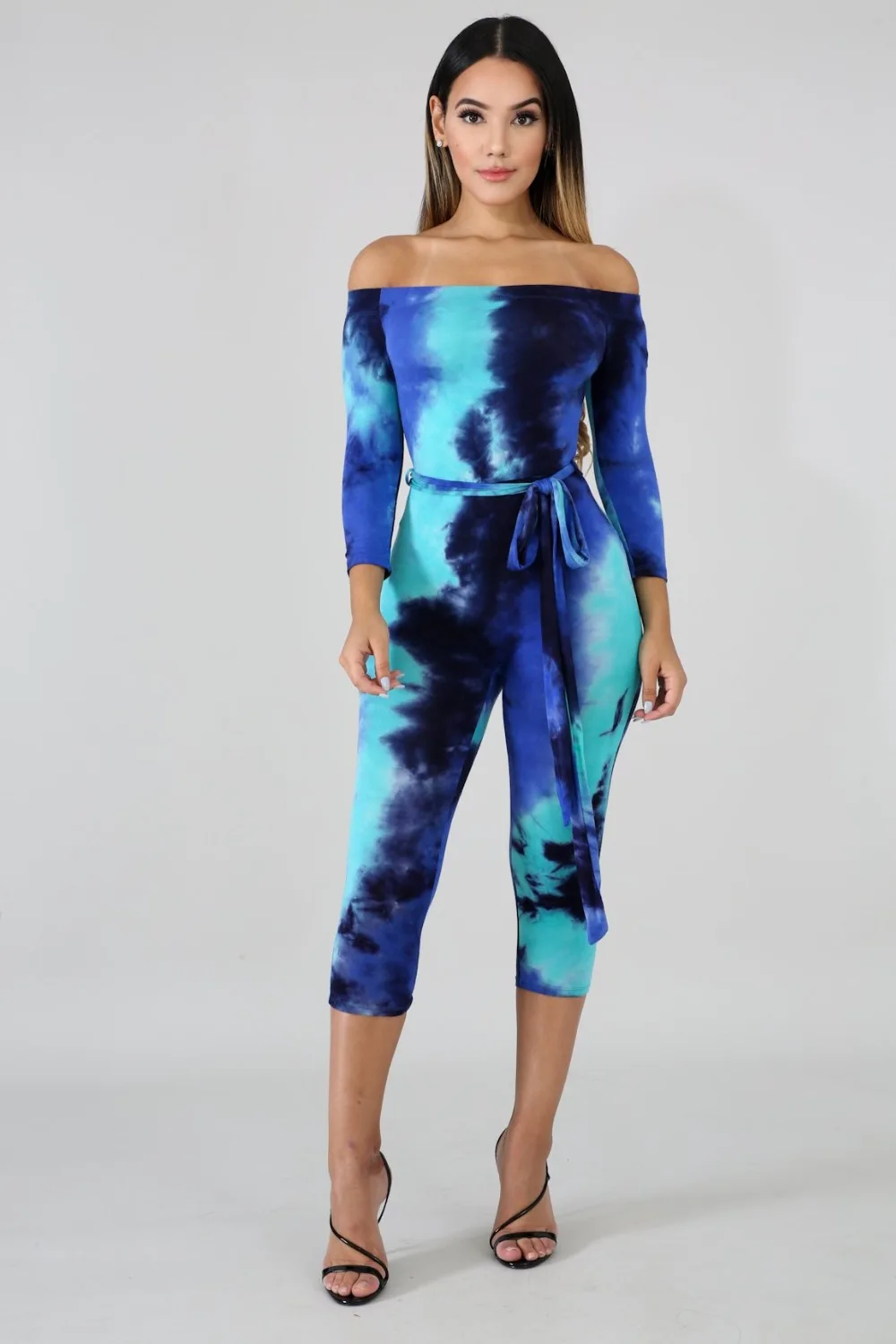 Комбинезон с длинным рукавом с принтом Tie Dye, с открытыми плечами, с вырезом-лодочкой, Облегающий комбинезон, обтягивающий комбинезон с поясом, сексуальный клубный наряд