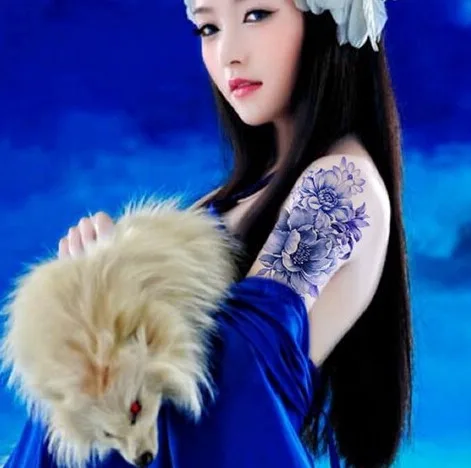 

Водостойкая Временная тату-наклейка, синие пионы, розы, лотос, сливы, цветы, тату-наклейки флэш-тату, искусственная татуировка для женщин и д...