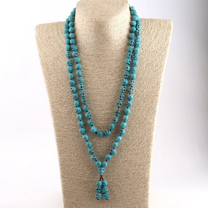 Drop Shipping Bohemian Jewelry Blue Long Knotted Tibetan Buddhism 108 Skull Heads Prayer Bead Mala Necklace |