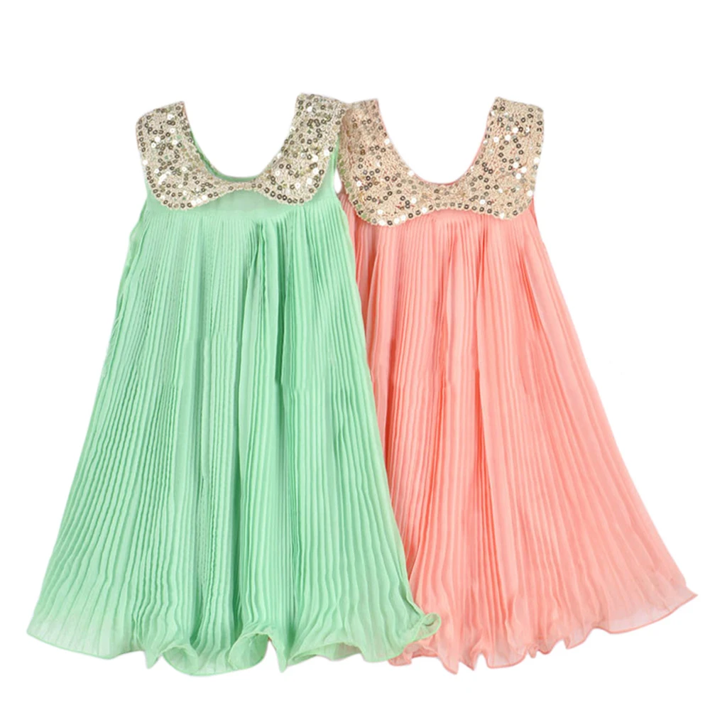 2019 Summer Girl Dress Pleated Chiffon One-Piece With Paillette Lace Collar Children Colthes For Kids Baby Pink/Green | Детская одежда