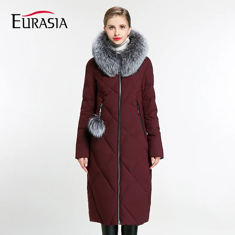Red wine Евразии Новая Коллекция Полный толстый слой Для женщин зимние Куртки натуральной меховой воротник с капюшоном Дизайн биологического-пуховая парка Y170012 - Цвет: Red wine