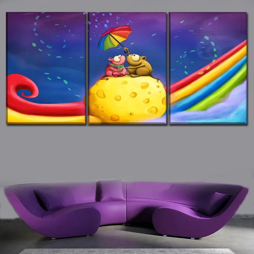 Модульная картина для детской комнаты модный постер 3 панели на сыре и радужной