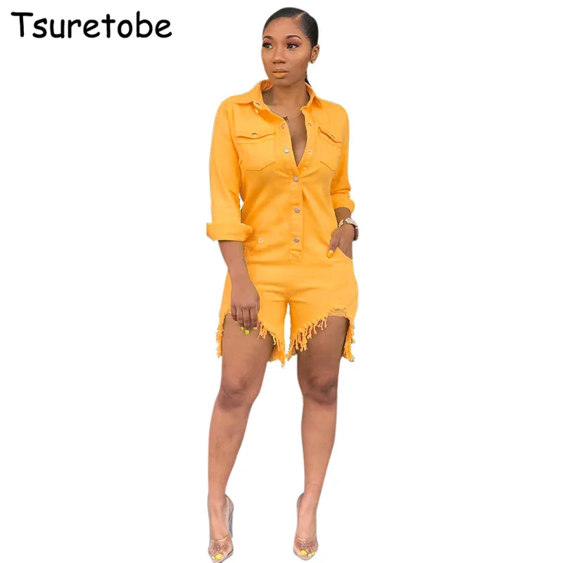 Женский джинсовый комбинезон Tsuretobe с длинным рукавом + шорты кисточками | Женская