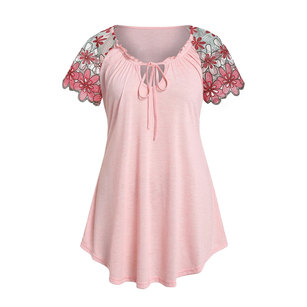 ROSE GAL Женские футболки Летние топы женские L-5XL Плюс размер зашнуровать длинную футболку с вырезом из туники футболка