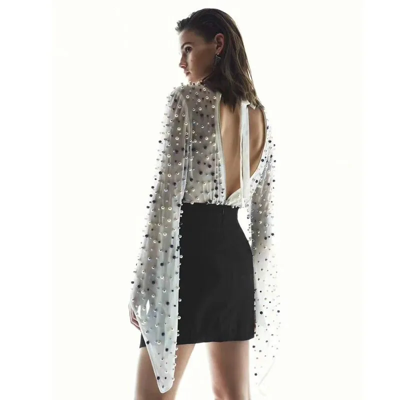 Роскошная блузка с бисером привлекательная Прозрачная женская высокого