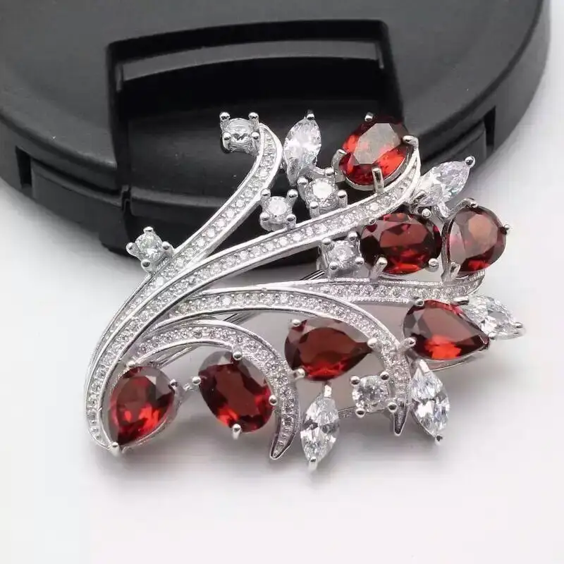 Natural red garnet brooch S925 silver gemstone Pendant trendy Elegant flowers women party fine jewelry | Украшения и аксессуары