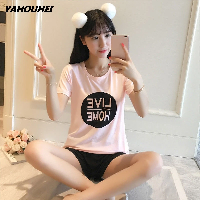 duan livehome pink Женские пижамные комплекты с коротким рукавом, розовая рубашка с буквенным принтом и черные шорты, пижамный комплект, летняя одежда для сна, домашняя одежда - Цвет: duan livehome pink