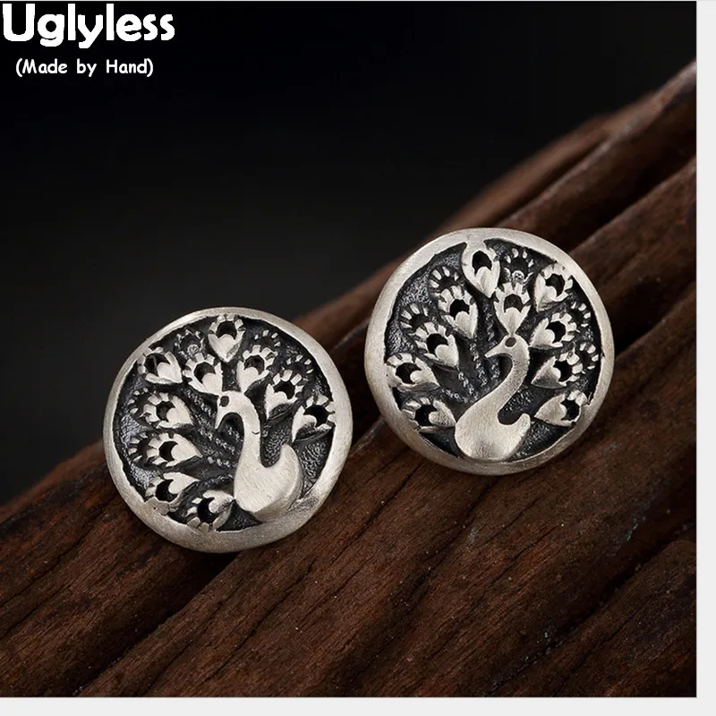 

Uglyless Real 990 Fine Silver Handmade Peacock Women Round Stud Earrings Ethnic Vintage Brincos Bijoux Thai Silver Fine Jewelry