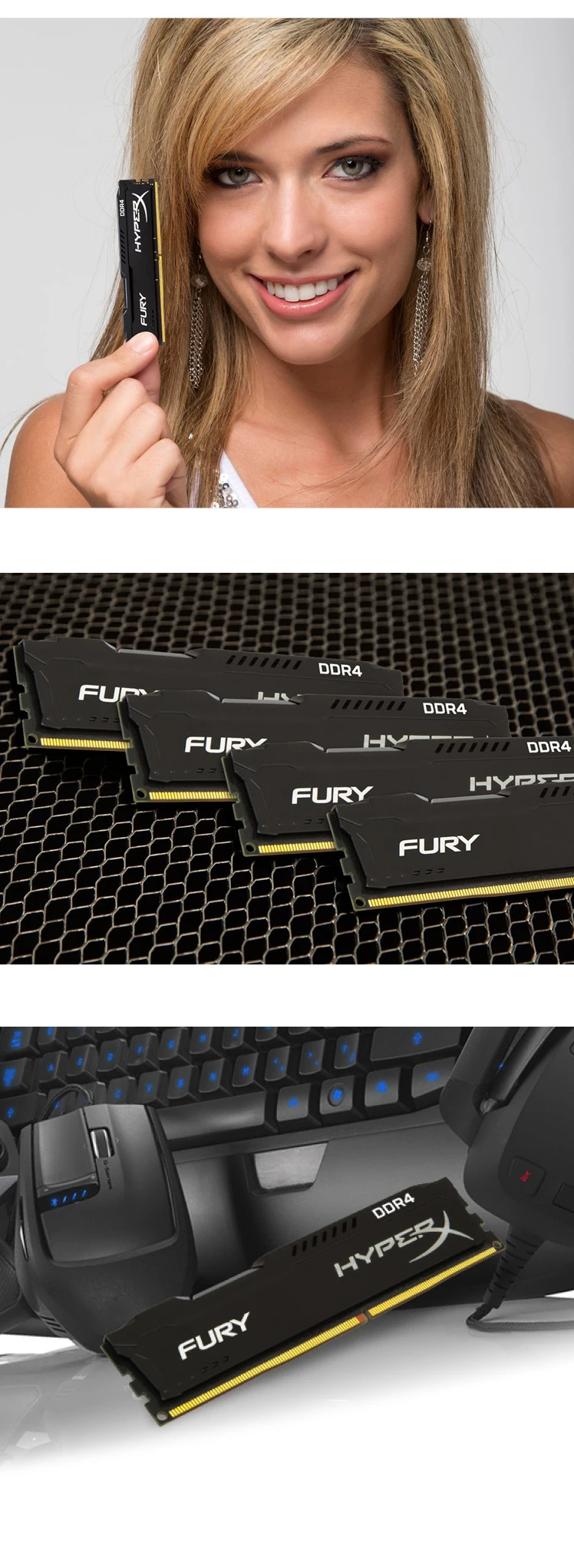 Оригинальная оперативная память kingston HyperX FURY, 4 ГБ, 8 ГБ, 16 ГБ, DDR4, 2400 МГц, оперативная память для настольных ПК CL15 DIMM, 288-pin, внутренняя память для настольных ПК для игр