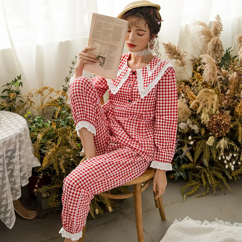 Весенняя клетчатая пижама с длинными рукавами и кукольным воротником для