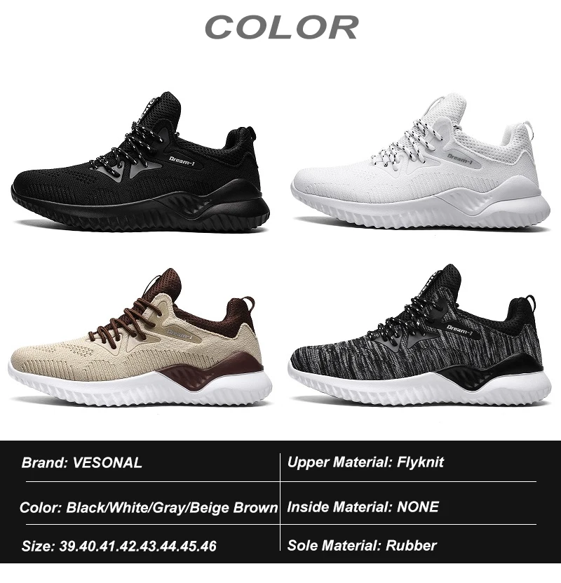 VESONAL/дышащие кроссовки Flyknit; мужская повседневная обувь для взрослых; сезон лето-осень; Мужская обувь для бега; прогулочная обувь; большие размеры 39-47