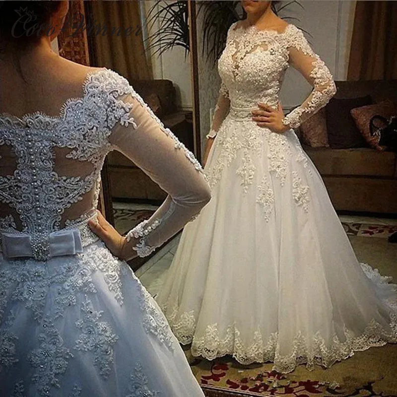 Vestido de Noiva с длинным рукавом свадебное платье жемчугом Иллюзия Тюль сзади