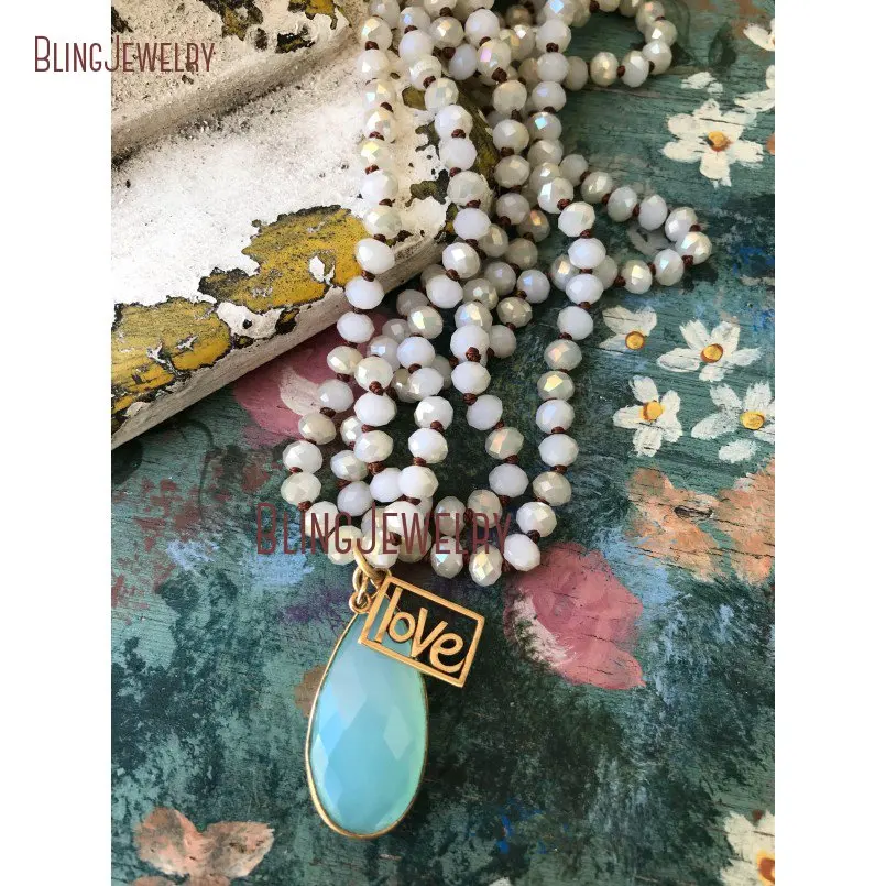

Shabby Boho Chic Long Double Wrap Necklace Teardrop Pink Blue Clear Chalcedony Pendant Angel Wing Simple Accessory NM14553