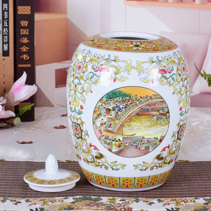 

Riverside Scene at Qingming Festival Big Jar golden tea pot Jingdezhen porcelain storage pot sealed storage tank with lid