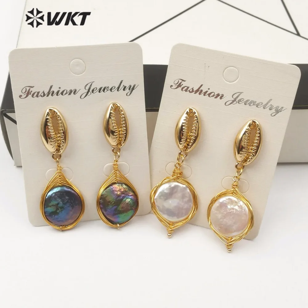 

WT-E508 WKT New Classic Shell Earrings Full Gold Cowrie Shell with Copper Wrap Round Natural Pearl Valentine's Day For Girl Gift