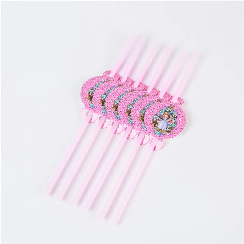 Straw 6 pcs София тема принцесс дети день рождения украшения поставки Одноразовая бумажная тарелка салфетки Кубок Флаг подарок на вечеринку в честь рождения ребенка - Цвет: Straw 6 pcs