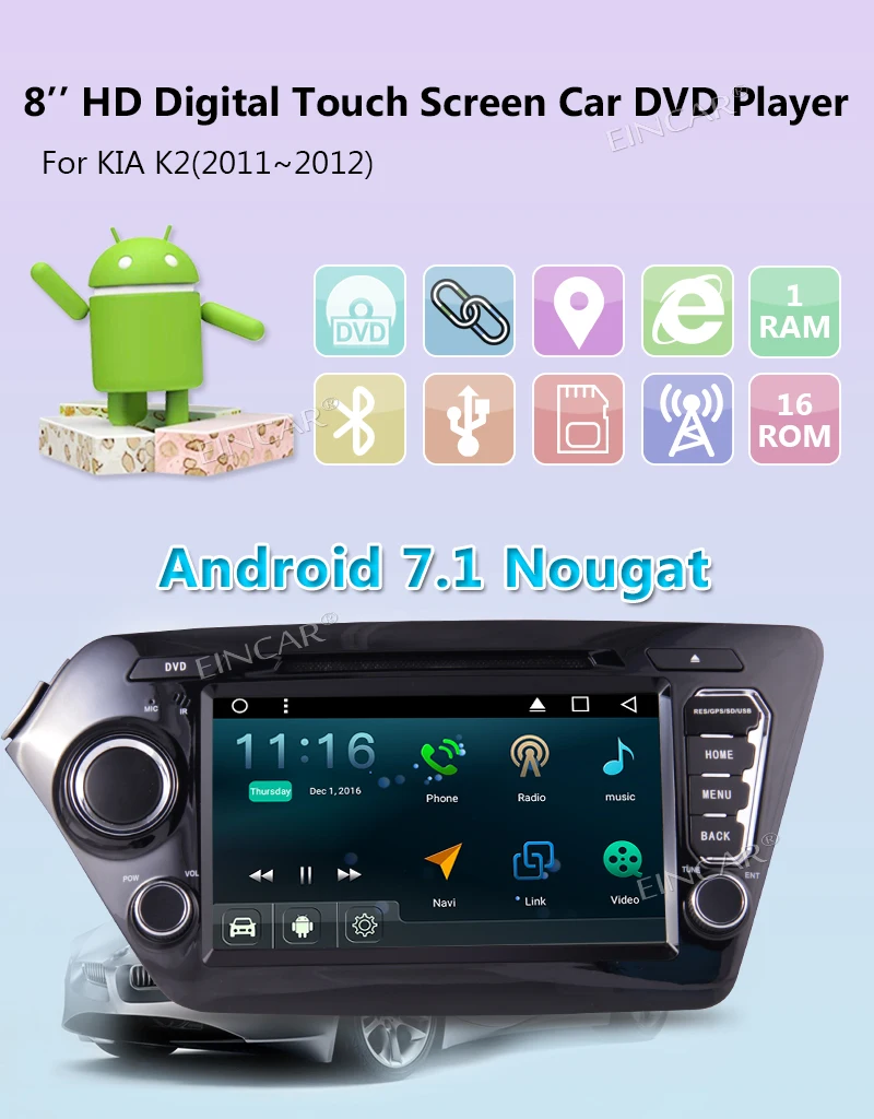 Eincar для KIA K2 Android 7 1 8 &quotHD Сенсорный экран автомобиля DVD стерео 2 Din радио gps