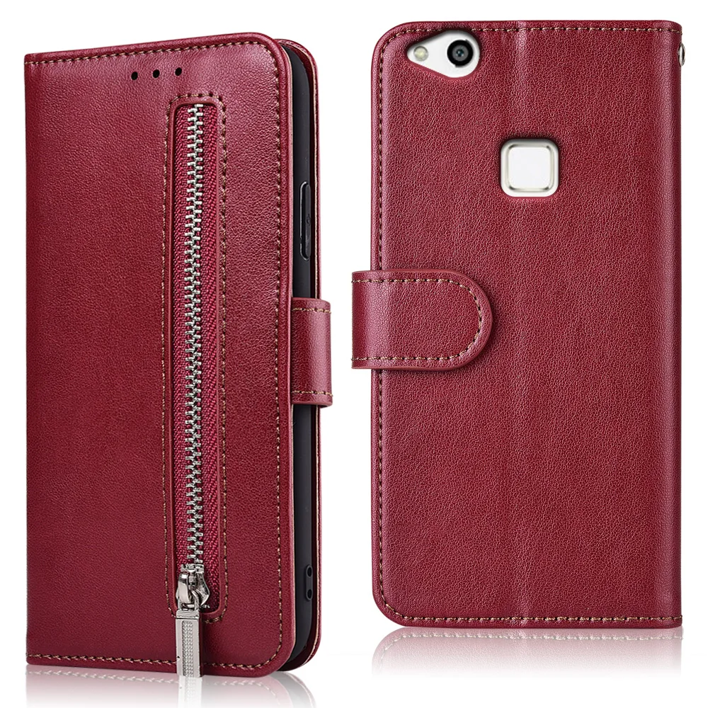 61zipper--Winered Из искусственной кожи бумажник с застежкой-молнией чехол для Huawei P10 Lite с ремешком чехол для телефона для Huawei P10 Lite подставки плотный чехол - Цвет: 61zipper--Winered