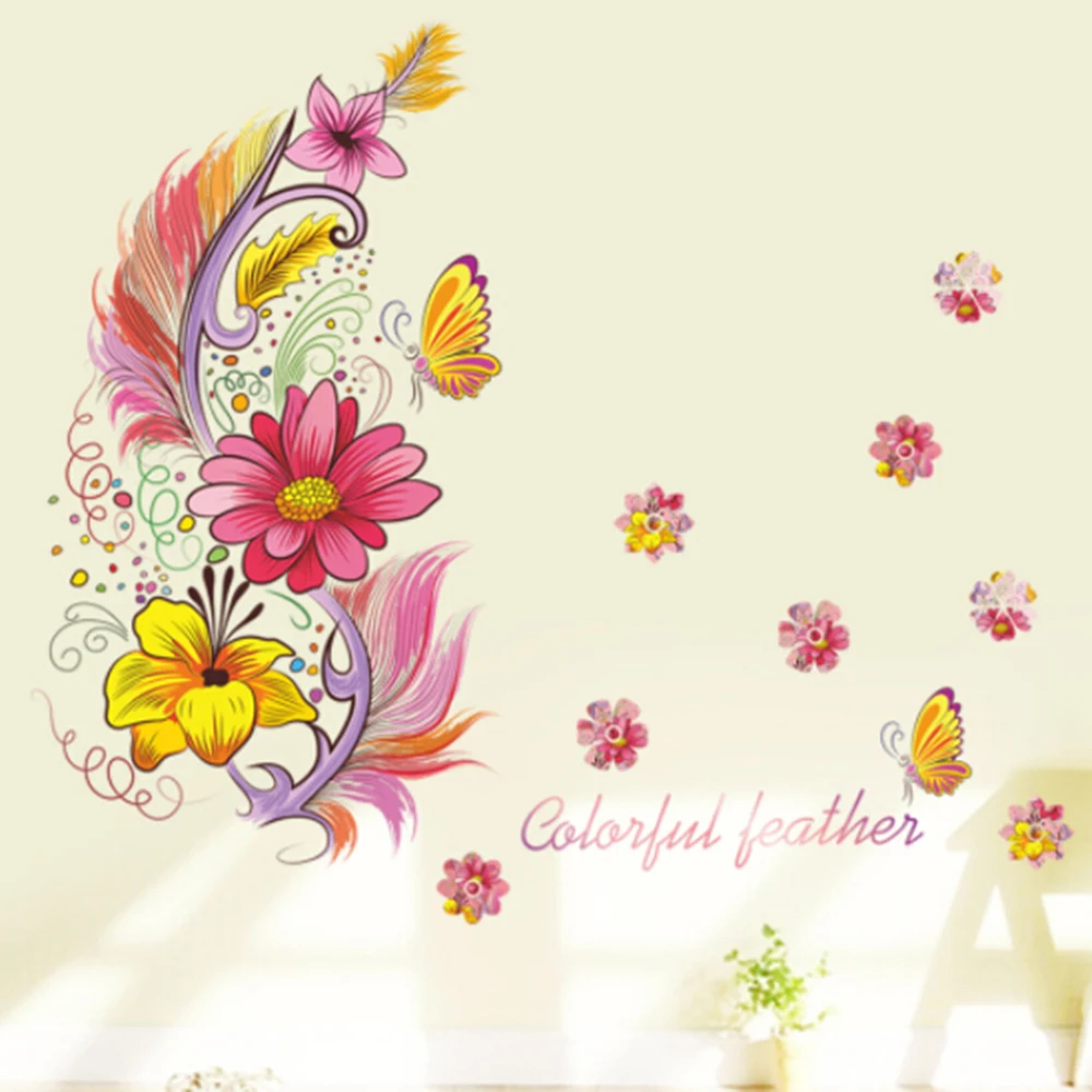 Красочные 3D ПВХ яркие перья бабочка цветок наклейки на стену украшение дома