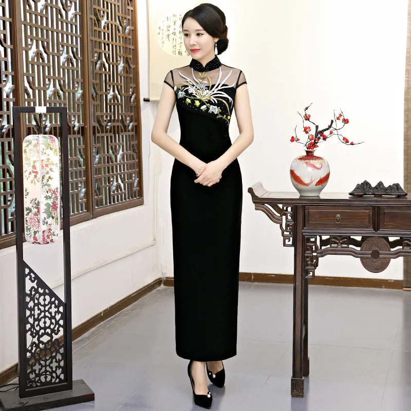Пикантное женское велюровое традиционное китайское Повседневное платье Ципао