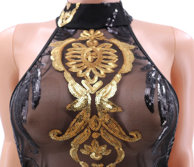 Сексуальное Сетчатое платье с золотыми блестками и открытой спиной женское