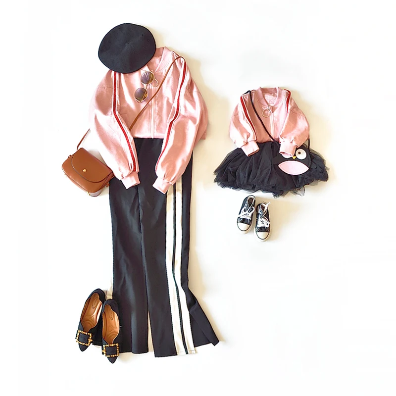 Сочетающиеся наряды для семьи оригинальный кожаный розовый бейсбольный костюм