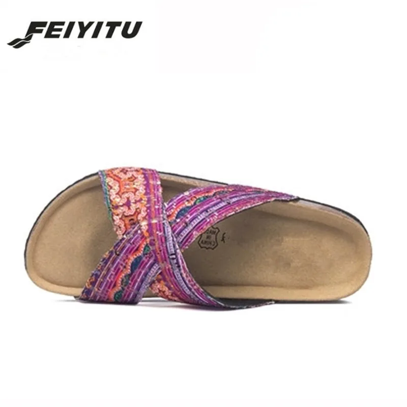 Новинка модные летние женские туфли FeiYiTu на плоской подошве пробковые тапочки