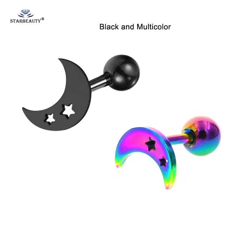 Black and Multicolor 2 шт./партия 1,0x6 мм Горячая звезда Луна хряща серьги шпилька Спираль пирсинг для пупка пирсинг Oreja пирсинг Orelha уха ювелирные изделия - Окраска металла: Black and Multicolor