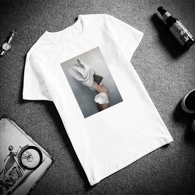 Женская футболка с принтом в виде перьев и цветов летняя повседневная Корейском