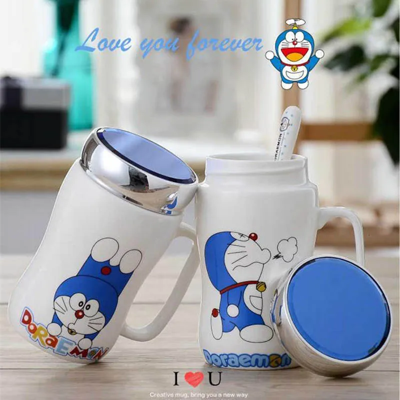 450ml Doraemon Ceramic Coffee Mugs with Mirror Lid and Spoon Cute Totoro Tea Cup Milk Mug for Women Girls Student Teen