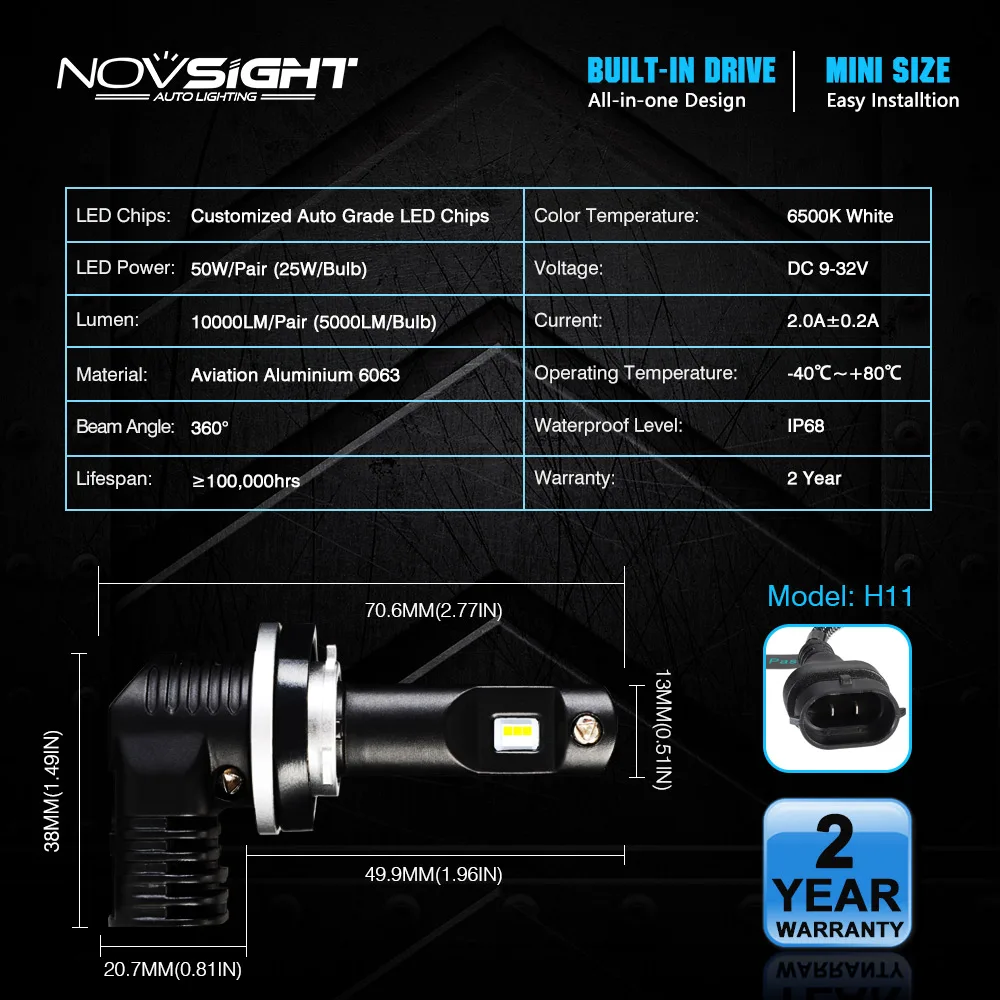 Миниатюрных светодиодных ламп фар головного света NOVSIGHT, H11, H4, H7,мощность 50 Вт, световой поток 10000 лм,температурой 6500K