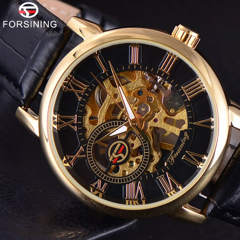 FORSINING мужские наручные часы с 3D логотипом роскошные золотые со скелетом