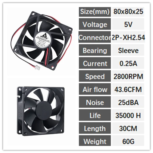 5V Sleeve 2P 5 штук в партии 8025 DC 5 в 12 В 24 в 48 В 2Pin 80 мм 80x80x25 мм 8 см рукав/шар бесщеточный Радиатор Вентилятор охлаждения - Цвет лезвия: 5V Sleeve 2P