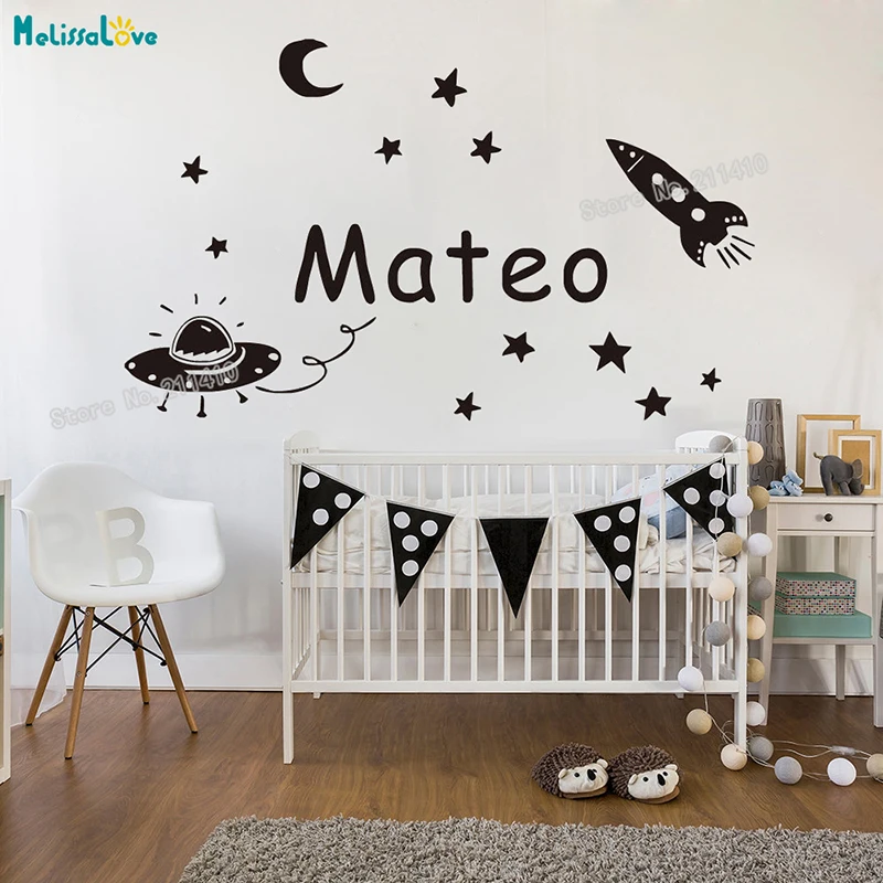 Наклейка на стену с именем заказ наклейки в виде Луны звезд ракеты домашнее