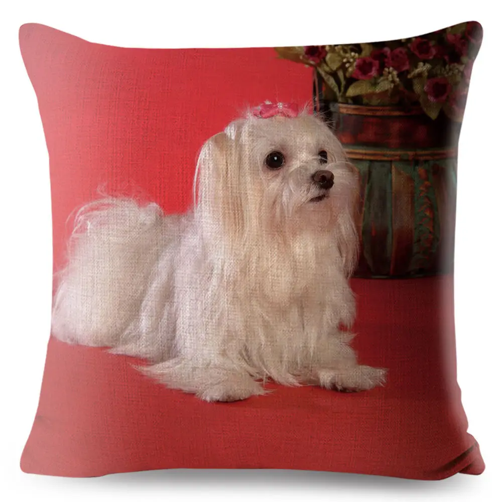 Cute Animal Pet Maltese Dog Pillow Cover Linen Cushion Covers 45*45cm Square Pillow Case Sofa Car Home Decoration Pillowcase